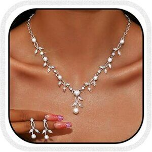 Silver Pearl Jewelry Set Rhinestone Necklace Earrings Sets Classy Statement